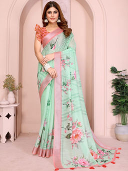 Odette - Women Green Cotton Blend Saree with Unstitched Blouse Piece