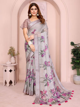 Odette - Women Grey Cotton Blend Saree with Unstitched Blouse Piece