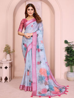 Odette - Women Blue Cotton Blend Saree with Unstitched Blouse Piece