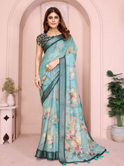 Odette - Women Green Cotton Blend Saree with Unstitched Blouse Piece