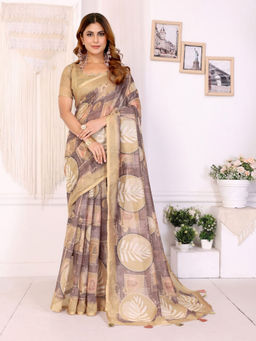 Odette - Women Brown Cotton Blend Saree with Unstitched Blouse Piece