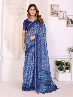 Odette - Women Blue Cotton Blend Saree with Unstitched Blouse Piece