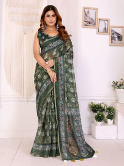 Odette - Women Olive Cotton Blend Saree with Unstitched Blouse Piece