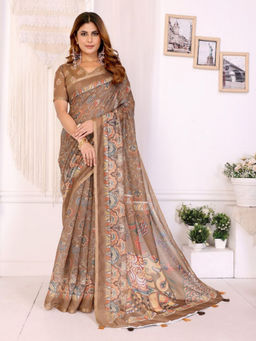 Odette - Women Brown Cotton Blend Saree with Unstitched Blouse Piece