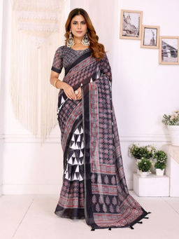 Odette - Women Black Cotton Blend Saree with Unstitched Blouse Piece