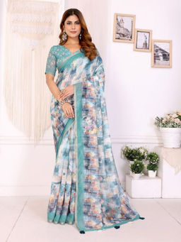 Odette - Women Green Cotton Blend Saree with Unstitched Blouse Piece