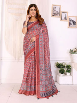 Odette - Women Red Cotton Blend Saree with Unstitched Blouse Piece