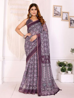 Odette - Women Mauve Cotton Blend Saree with Unstitched Blouse Piece