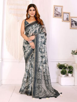 Odette - Women Grey Cotton Blend Saree with Unstitched Blouse Piece