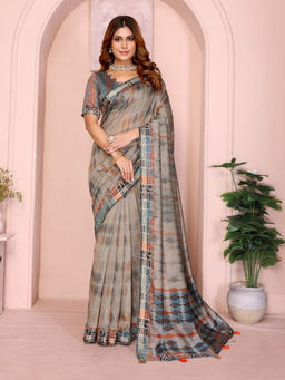 Odette - Women Grey Cotton Blend Saree with Unstitched Blouse Piece
