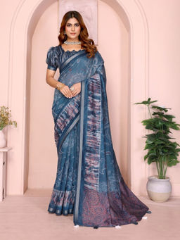 Odette - Women Blue Cotton Blend Saree with Unstitched Blouse Piece