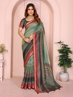 Odette - Women Olive Cotton Blend Saree with Unstitched Blouse Piece