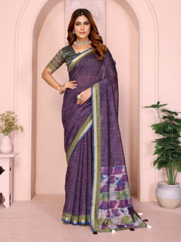 Odette - Women Purple Cotton Blend Saree with Unstitched Blouse Piece