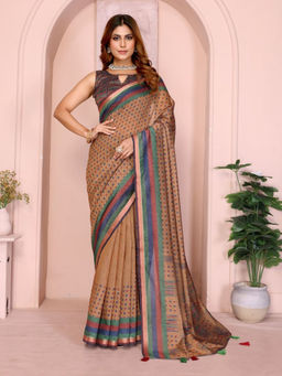 Odette - Women Brown Cotton Blend Saree with Unstitched Blouse Piece