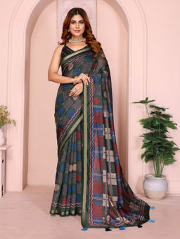 Odette - Women Green Cotton Blend Saree with Unstitched Blouse Piece