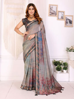 Odette - Women Grey Cotton Blend Saree with Unstitched Blouse Piece