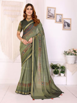 Odette - Women Green Cotton Blend Saree with Unstitched Blouse Piece