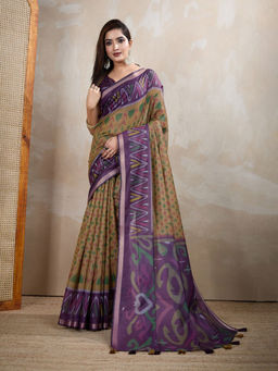 Odette - Women Beige Cotton Blend Saree with Unstitched Blouse Piece