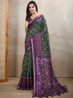 Odette - Women Green Cotton Blend Saree with Unstitched Blouse Piece