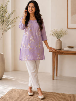 HOUSE OF JAMOTI - Women Purple Chanderi Round Neck Kurti