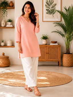 HOUSE OF JAMOTI - Women Pink Chanderi V-Neck Kurti
