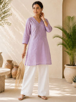 HOUSE OF JAMOTI - Women Lavender Chanderi V-Neck Kurti