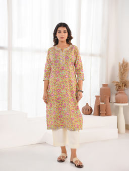 GOODHAND - Women Green Pure Cotton Round Neck Kurta