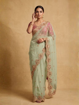 Odette - Women Green Net Saree with Unstitched Blouse Piece