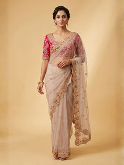 Odette - Women Ivory Net Saree with Unstitched Blouse Piece