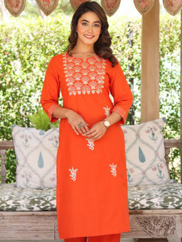 ARAMYA - Women Rust Cotton Round Neck Kurta