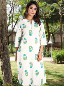 ARAMYA - Women Off White Cotton Linen Mandarin Neck Kurta