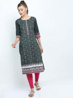 VISHUDH - Women Green Cambric Round Neck Kurta
