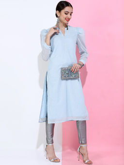 VISHUDH - Women Blue Viscose Rayon Mandarin Neck Kurta