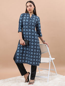 VISHUDH - Women Navy Blue Polyester Mandarin Neck Kurta