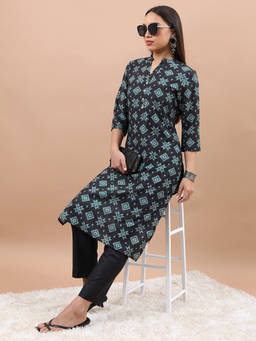 VISHUDH - Women Navy Blue Polyester Mandarin Neck Kurta