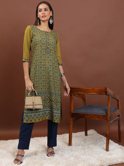 VISHUDH - Women Mustard Polyester Round Neck Kurta