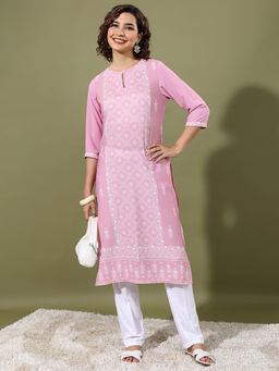 VISHUDH - Women Pink Polyester Round Neck Kurta