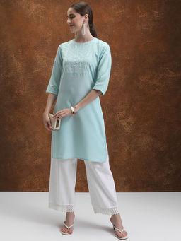 VISHUDH - Women Blue Polyester Round Neck Kurta