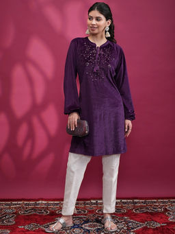 VISHUDH - Women Purple Polyester Mandarin Neck Kurta