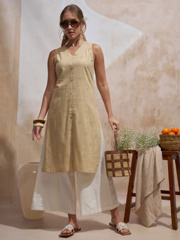 VISHUDH - Women Beige Cotton V-Neck Kurta