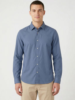 Wrangler - Blue Linen Blend Full Sleeves Regular Fit Solid Shirts