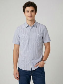 Wrangler - Blue Pure Cotton Half Sleeves Regular Fit Stripes Shirts