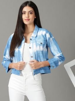 SHOWOFFFF - Women's Spread Collar Printed Blue Open Front Jacket