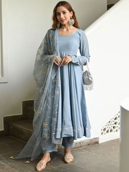 Lavanya The Label - Powder Blue Solid Anarkali (Set of 3)