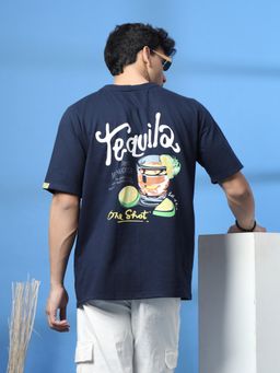 RIGO - Men Navy Blue Drink in Design Oversized T-shirt