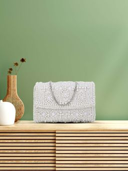 Anekaant - Coffer White & Silver Ethnic Motifs Embellished Faux Silk Clutch