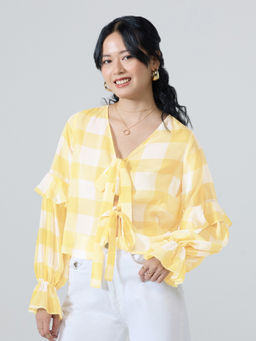 Twenty Dresses by Nykaa Fashion - Yellow and White Checked Tie-Up Frilled Top