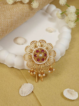 I Jewels - Floral Design Hair Pin with Red Kundan Work and Pearl Detailing