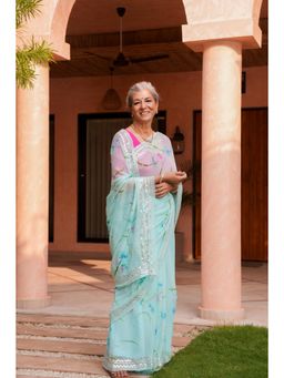 Zari Jaipur - Floral Saree with Unstitched Blouse-Blue