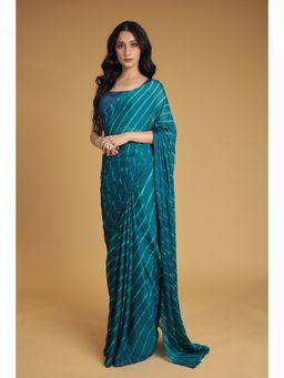 Zari Jaipur - Printed Saree with Unstitched Blouse-Blue